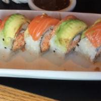 Friend'S Roll · Salmon and avocado over spicy shrimp crab.