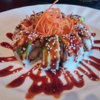 M.W. · Eel and avocado around shrimp tempura roll.