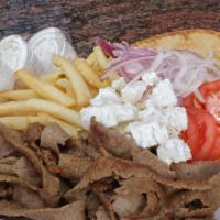 Gyro Plate (2 Pitas, + Feta) · Gyro Meat Served Two Pitas, Onions, Tomatoes, Feta Cheese, Fries and 3 Cups of Tzatziki Sauces