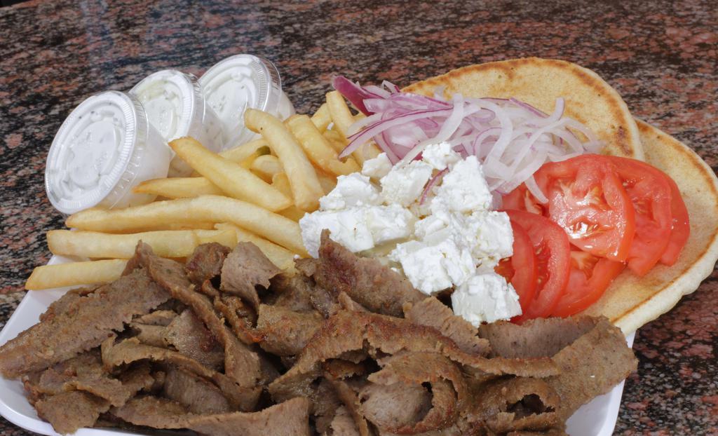 Gyro Plate (2 Pitas, + Feta) · Gyro Meat Served Two Pitas, Onions, Tomatoes, Feta Cheese, Fries and 3 Cups of Tzatziki Sauces