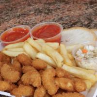 Shrimp Basket (21 Count) · About 21 pieces of Shrimp Fried served with bread, fries, and two cocktail sauces on side.