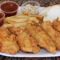 3Pc Chicken Tender Dinner  · Fresh chicken tenders breaded and served with fries and bread. BBQ Sauce side