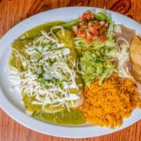 Red Or Green Enchiladas · 3 Enchiladas with your choice of meat served with rice beans and salad