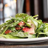 Baby Spinach Salad · Dried Cherries, Strawberries, Red Onion, Candied Pecans, Goat Cheese, Orange Miso Dressing. ...