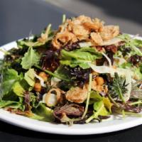 Kale Salad  · Fried chickpeas & Shallots,  Fennel, Herbs, Tahini Orange Dressing. (Vegan)