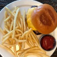 Kids Cheeseburger · All beef patty with American cheese on a brioche bun with fries or a side salad.