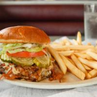 Tex Mex Burger · Seasoned with Cajun spices and topped with bacon, jalapeño peppers, grilled onion and pepper...