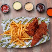Chicken Strips & Fries · Two Big Pieces Of Hand-Battered Chicken Strips, With Your Choice Of Two Sauces, Served With ...