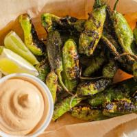 Shishito Peppers · Blistered Shishito Pepper, Olive Oil, Sea Salt, Served With Chipotle Aioli.