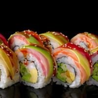 E Rainbow Roll · 8 pcs spicy crunchy crab inside, topped layer with salmon,tuna&avocado with mayo &eel sauce