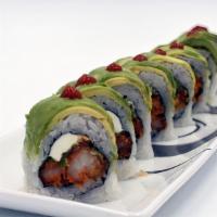 Godzilla Roll · 8 pcs.
Spicy crunchy tuna inside, top with avocado, red tobiko in a spicy mayo sauce.