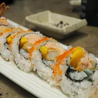 Classic Hawaiian Sushi Roll · 8 pcs, fresh mango, snow crab, cucumber inside, avocado and Shrimp on top, with mango sauce