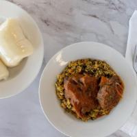 Eto With Egusi · Grounded melon seed steamed with spinach and assorted meat.