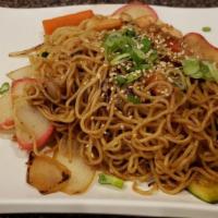 Yaki Seafood Soba · Stir fried soba noodles with fish cake, shrimp and vegetables.