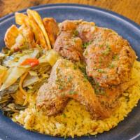#5. Ja-Fried Chicken, Rice & Peas, Cabbage · Golden fried chicken.