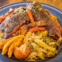 Brown Stew Chicken, Rice & Peas, Cabbage · Juicy Chicken, Browned and Stewed