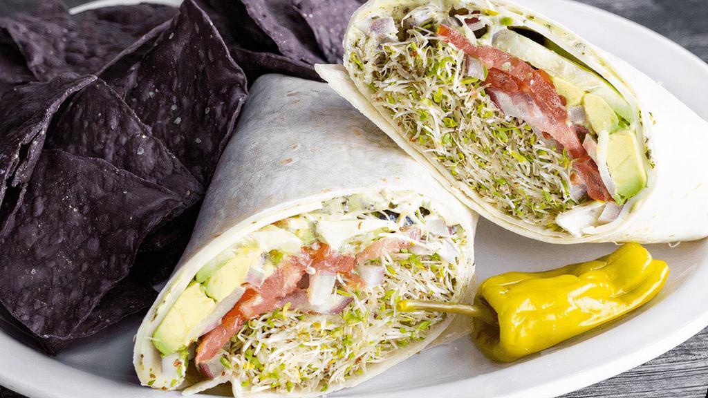 Green Horn Veggie Wrap · 8 SERVINGS. Avocado, tomatoes, cucumbers, sprouts, red onions, provolone & pesto mayo wrapped in a flour tortilla. Served with tortilla chips. (cal 480/serving)