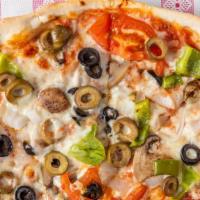 Vegetarian · Onions, green peppers, mushrooms, black olives, green olives, and tomatoes.