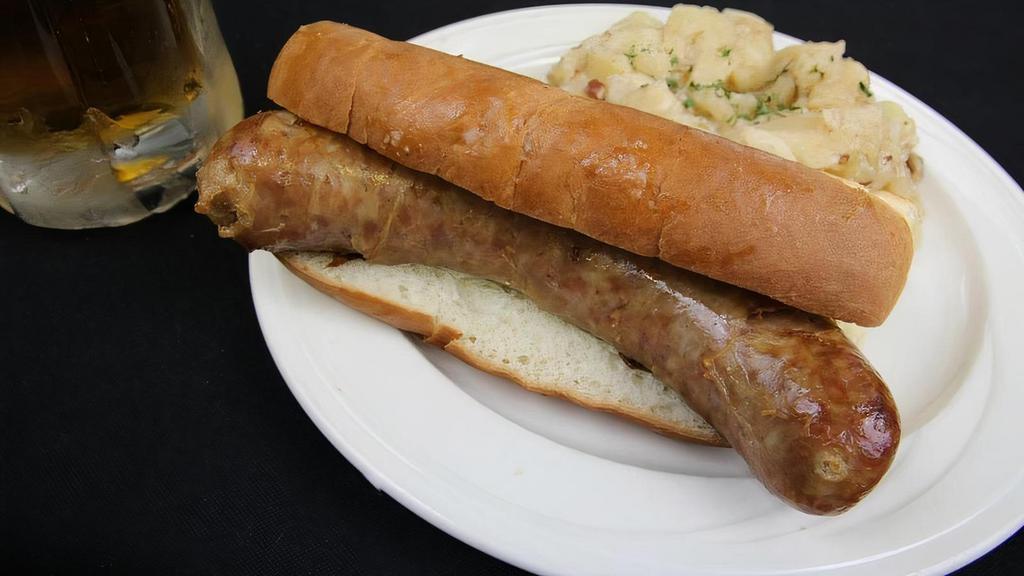 Bratwurst Sandwich · Extra-lean cuts of pork links mildly seasoned, grilled, und served on a toasted New England split top bun, served with our German Potato Salad.