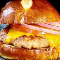 Flat Brat · Schmidt's famous bratwurst patty style, grilled to perfection, topped with cheddar cheese, s...