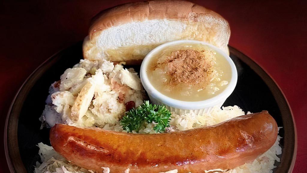 Bahama Mama Platter · Our famous beef und pork, hickory-smoked sausage deliciously spiced with our secret seasoning, stuffed in old world natural casing. Served over hot kraut und pork with our German Potato Salad, Chunky Applesauce, und split top bun.  Awarded Columbus Monthly “10 Best Entrees”