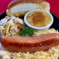 Garlic Knockwurst Platter · The traditional German hickory smoked beef und pork sausage with a hint of garlic stuffed in...