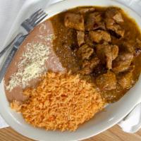 Carnitas · Tender, fried pork tips. Served with rice or beans, guacamole salad and tortillas.