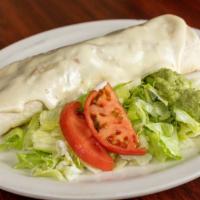 Grande Burrito Fajita · Big burrito stuffed with strips of beef, chicken or shrimp, beans, onions, bell peppers and ...