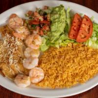 Del Mar Duo · Grilled tilapia and shrimps sautéed with pico de gallo and shredded cheese. Served with guac...