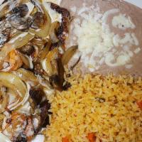 Pollo Marino · Seasoned chicken breast and grilled shrimp topped with mushrooms, onions, and cheese sauce. ...