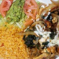 Popeye Grilled Chicken · Cooked with onions, spinach, and mushrooms topped with cheese. Served with rice and guacamol...