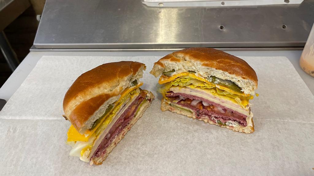 Large 2 Meats · Mustard, mayo, lettuce tomato, pickles, onion, cheese and your choice of meat