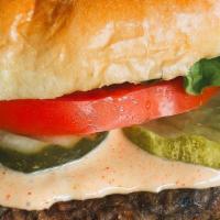 Violet'S Vegan Burger · A hand formed vegan patty topped with melted vegan cheddar, lettuce, tomato, red onion, pick...