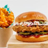 Bbq Chick’N Sandwich · Our big mouth plant based chick'n sandwich with a tangy BBQ sauce, creamy house made colesla...