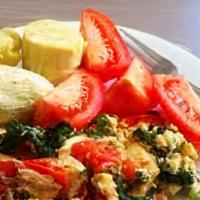 Popeye Scrambler · (Available 6am-2pm) 10 eggs scrambled with bacon, spinach, onions, mushrooms, and topped wit...