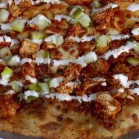 Hot Chicken Pizza. · Spicy pimento cheese, Nashville hot chicken, habanero oil, chopped pickles, ranch