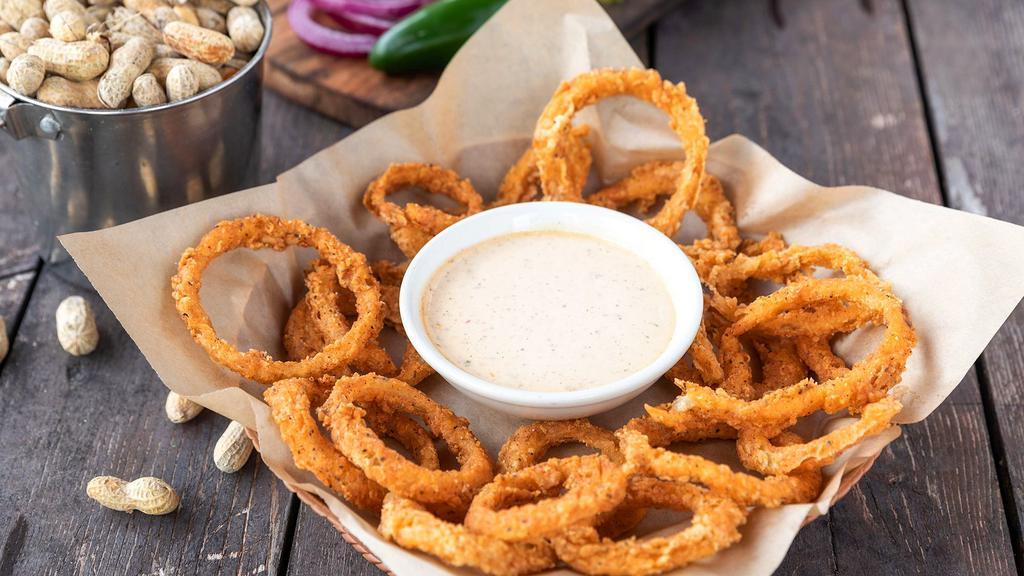 Big “A” Onion Rings · Freshly sliced in-house and fried to a crispy golden brown. Served with Chipotle Bacon Ranch dressing.