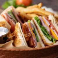 Santa Fe Club · Ham, turkey, bacon, lettuce, tomato and cheese on Texas toast. Served with Chipotle Bacon Ra...