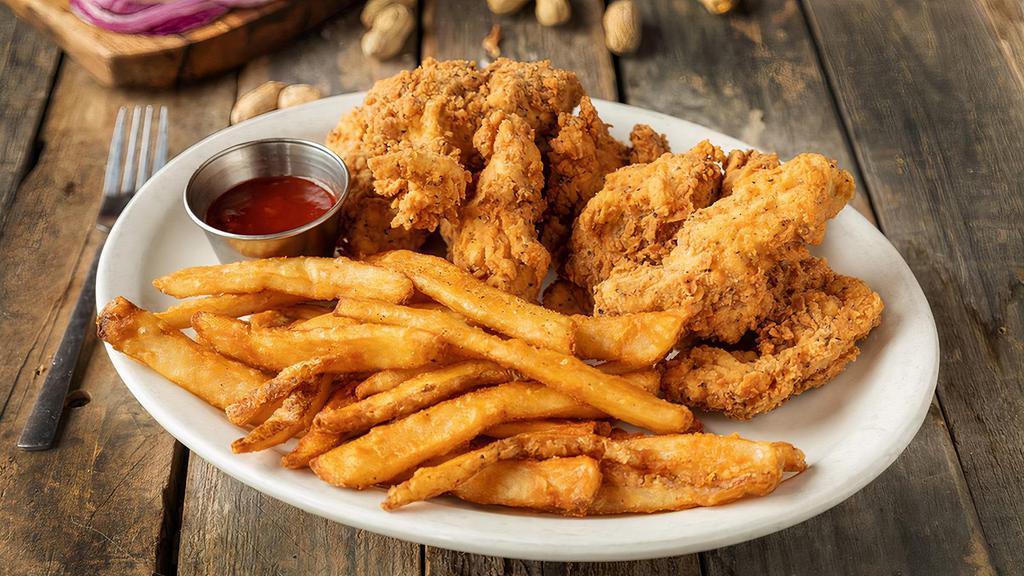 Fried Chicken Tenders · Crispy, hand-breaded, white meat chicken tenders fried to perfection with your choice of honey mustard, chipotle BBQ sauce, ranch, or chipotle bacon ranch.