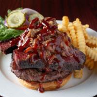 Monster Bbq Burger · ½ Pound Black Angus burger, topped with brisket, pulled pork, pastrami, BBQ sauce, lettuce, ...