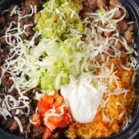 2 Meat Burrito Bowls · Need Extra Protein? Go on!. Comes with Lettuce, Tomatoes, Beans, & Cheese.