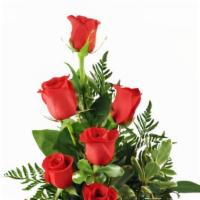 1/2 Dozen Red Roses · 1/2 Dozen red roses arranged in a vase with a variety of fresh greenery
