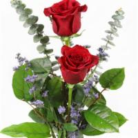 Double Rose In A Budvase · two roses in a budvase with fresh greens and a filler. colors may vary