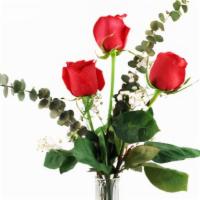 3 Rose In Budvase  · 3 roses in a budvase with fresh greens and filler. colors may vary