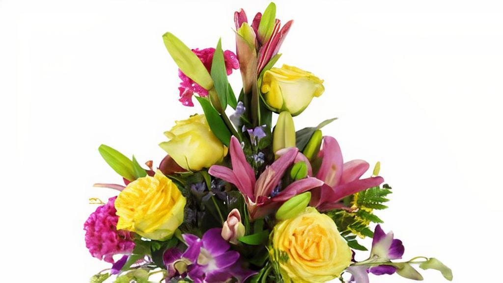 Designer Choice Vase Bright · Assorted bright colors arranged beautifully in a vase