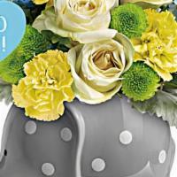 Baby Boy Arrangement · Baby boy arrangement in a cute baby novelty with colors in the blues, white, yellows, and gr...