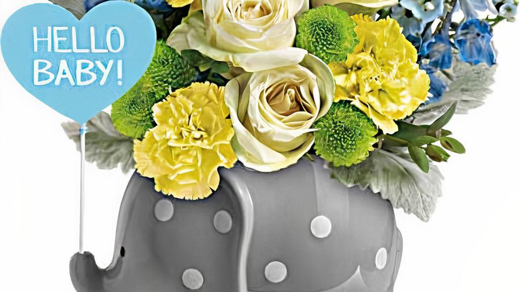 Baby Boy Arrangement · Baby boy arrangement in a cute baby novelty with colors in the blues, white, yellows, and greens . containers may vary due to availability
