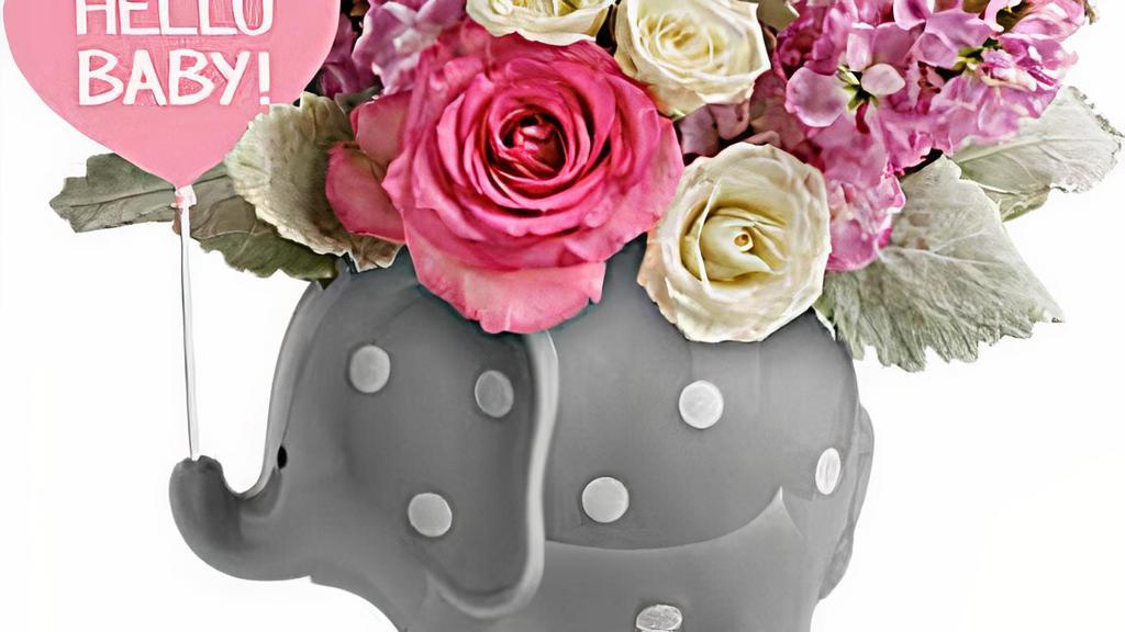 Baby Girl Arrangement · Baby girl arrangement in a cute baby novelty with colors in the pinks, white, yellows, and purples. Containers may vary due to availability.