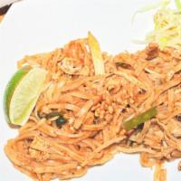 Pad Thai · Stir-fried small flat rice noodles with bean sprouts, green onions, ground peanuts and eggs ...