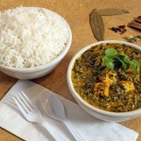 Saag Paneer · Spinach and cheese cubes cooked with herbs and spices.
